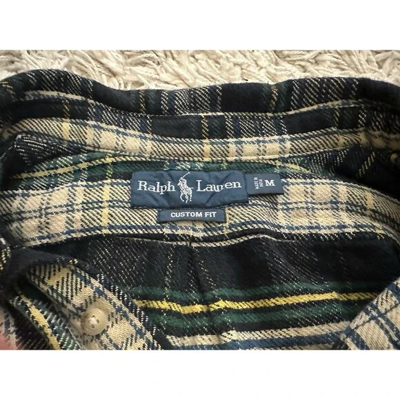 POLO RALPH LAUREN Custom Fit Shirt Navy Tan Plaid Thick Flannel Men’s Medium - Picture 5 of 5